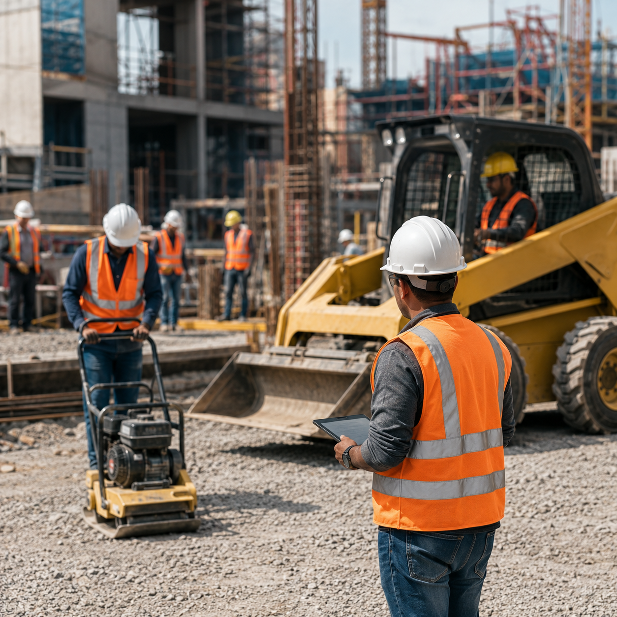 Equipo operativo en sitio de obra con personal técnico