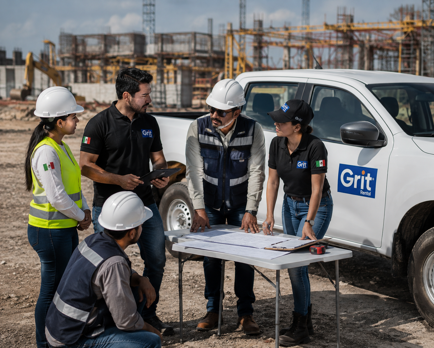 Equipo de Grit Rental en obra revisando planos junto a una camioneta